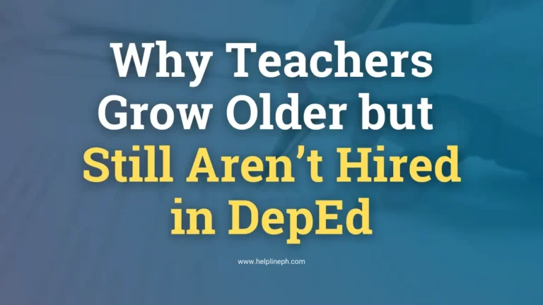 Hand writing an application letter for teachers seeking DepEd hiring, title of the article, and helplineph.com URL.