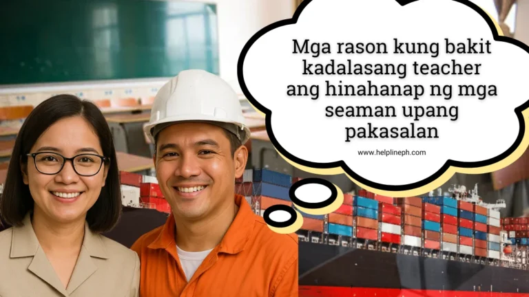 A Filipino DepEd teacher and a seaman standing together with a ship and a classroom in the background, representing reasons why seamen often marry teachers.