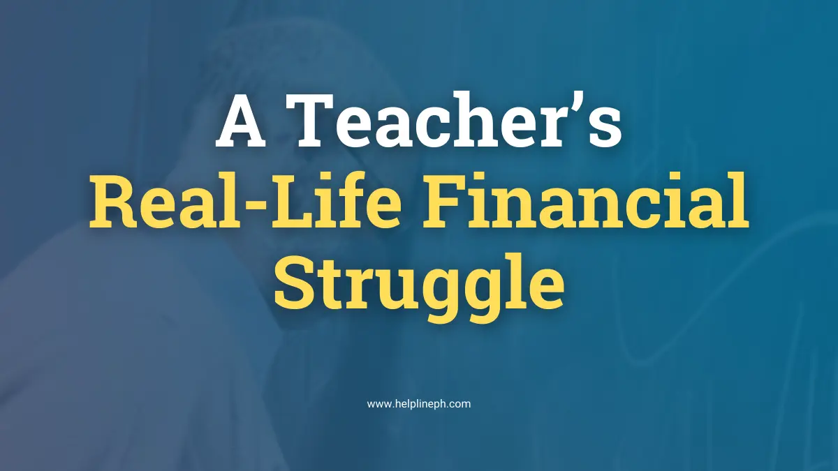 A sad teacher facing financial struggle with the title of the article and the website URL displayed.