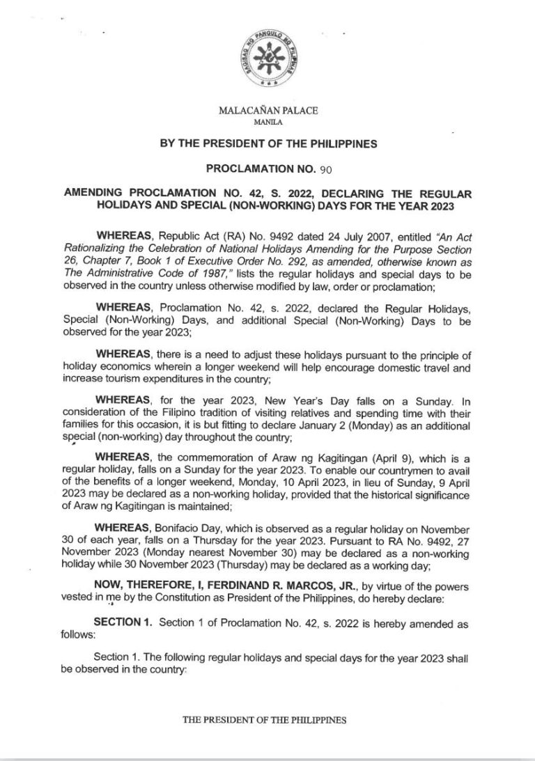 Marcos Declares Regular Holidays And Special Non working Day For 2023 