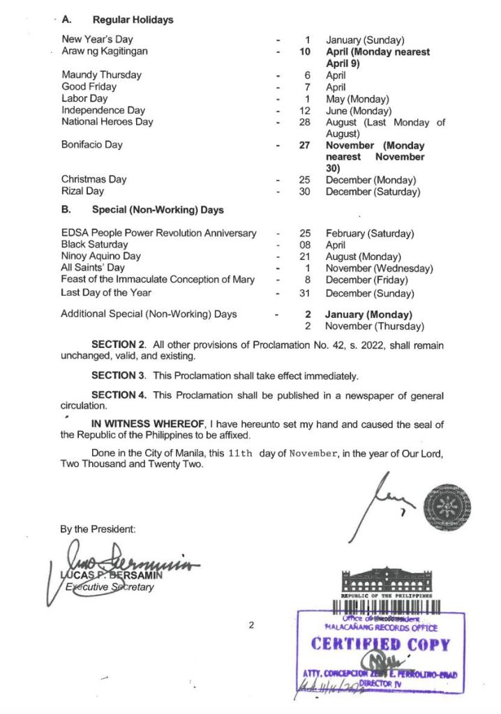 Marcos Declares Regular Holidays And Special Non working Day For 2023 