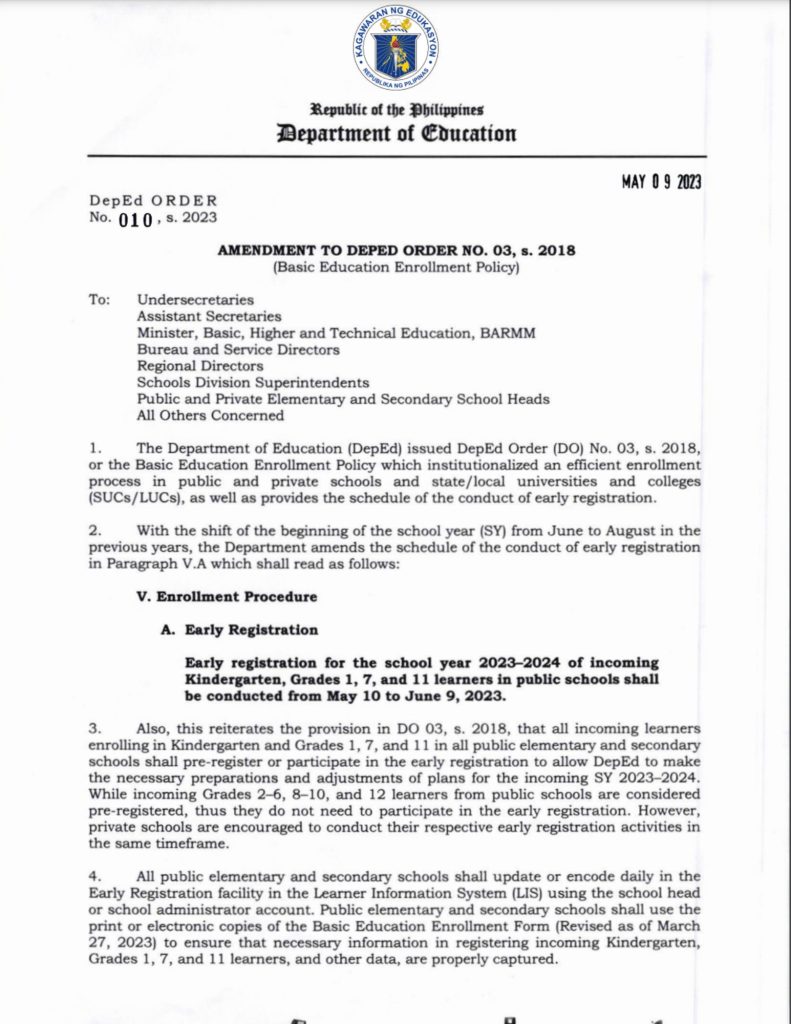 Early Enrollment for Department of Education (DepEd) School Year 2023