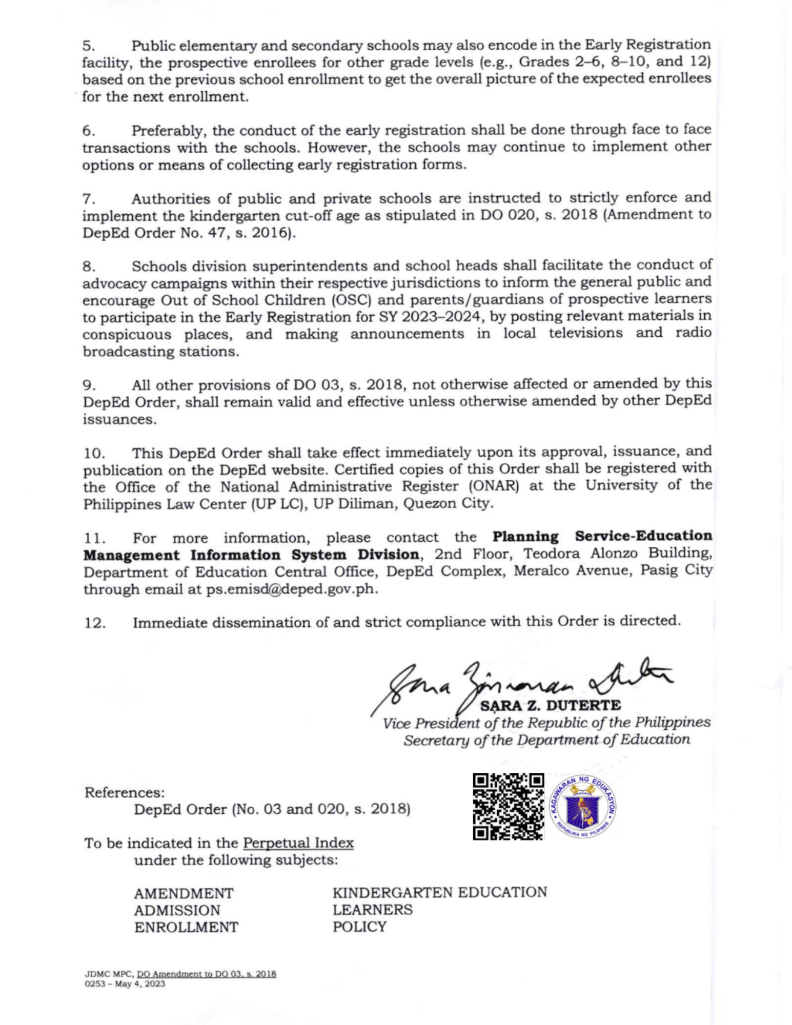 Early Enrollment for Department of Education (DepEd) School Year 2023