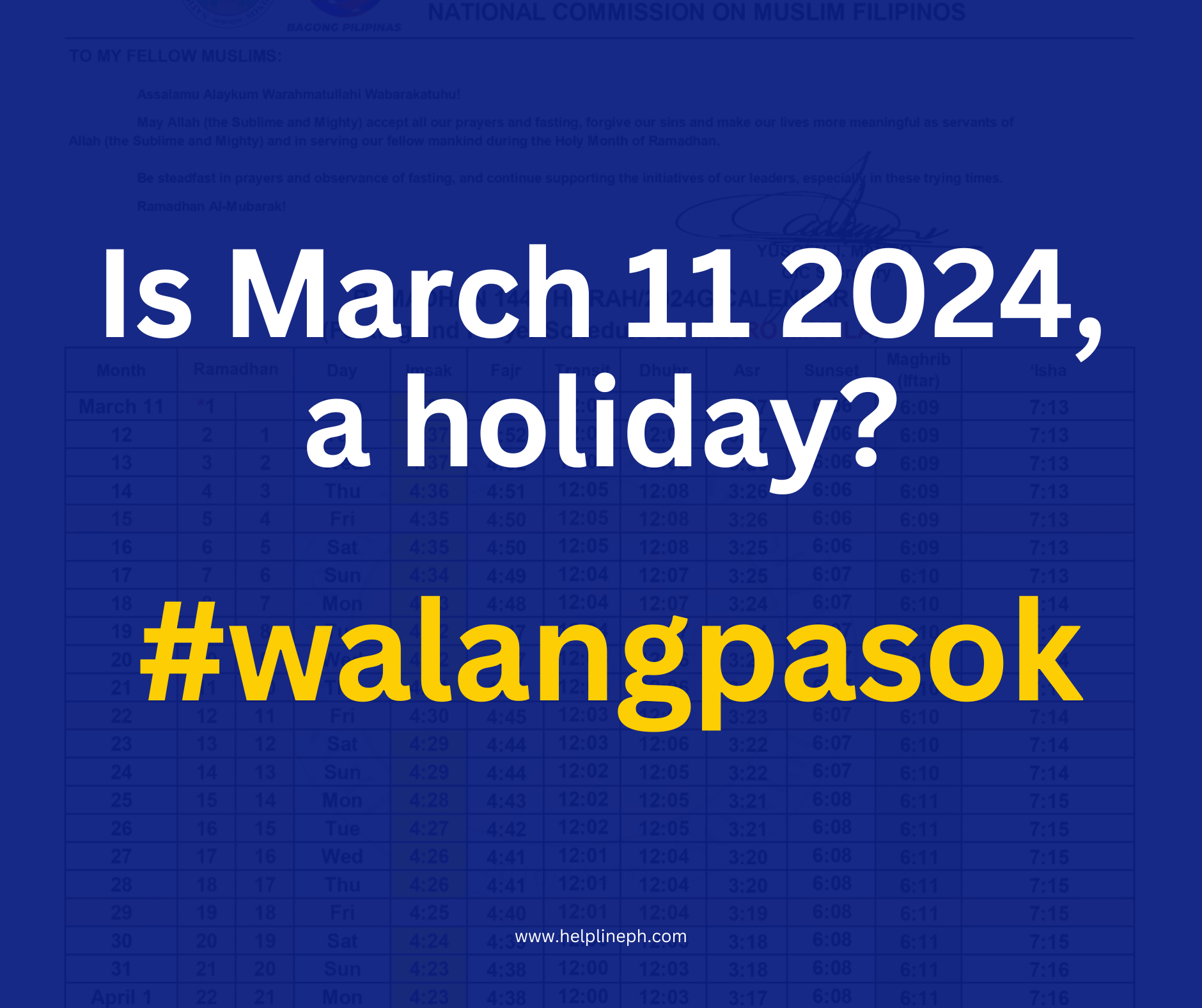 Is March 11 2024, a holiday? Helpline PH