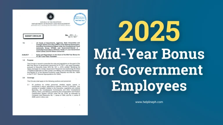 Budget Circular memorandum on mid-year bonus for government workers, with article title and helplineph.com URL