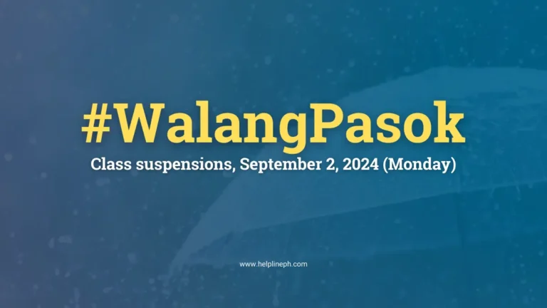 Umbrella in the rain with the title "#WalangPasok: Class Suspensions, September 2, 2024 (Monday)" and helplineph.com URL
