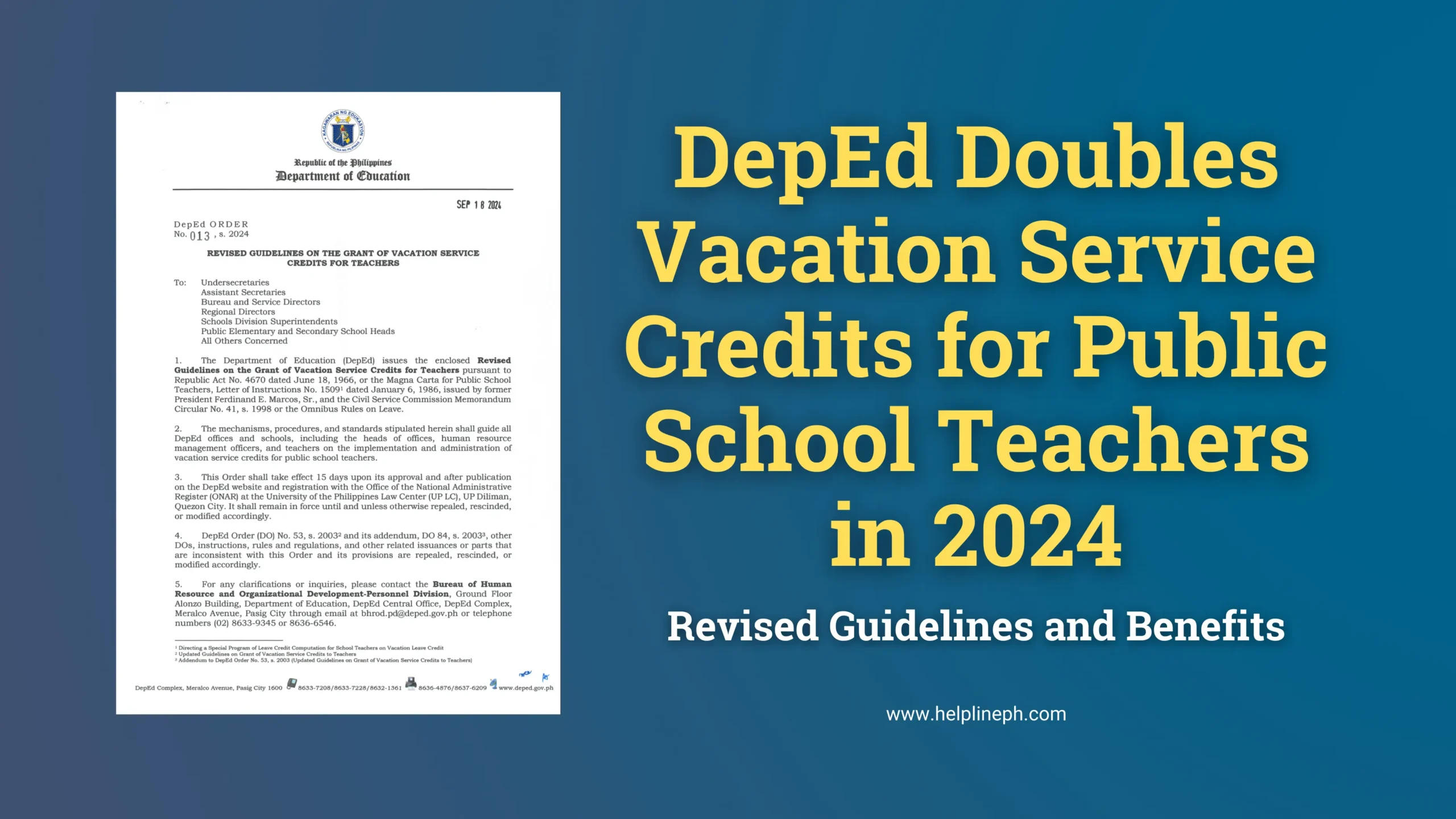 DepEd Order No. 13, s. 2024 - Vacation Service Credits for Public School Teachers - helplineph.com