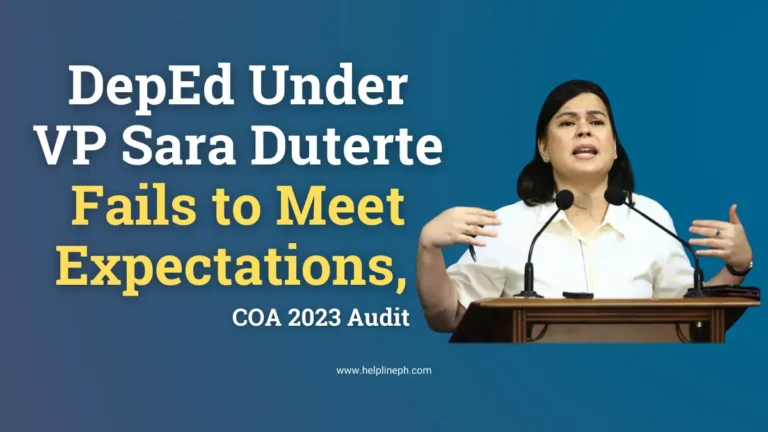 Sara Duterte looking concerned, title 'DepEd Under VP Sara Duterte Fails to Meet Expectations, COA 2023 Audit Reveals' on helplineph.com