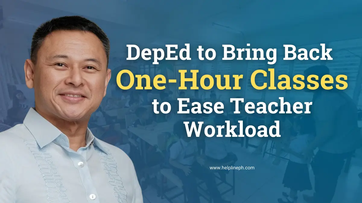 DepEd Secretary Juan Edgardo Angara discussing the return to one-hour classes, with a teacher instructing students in a classroom.