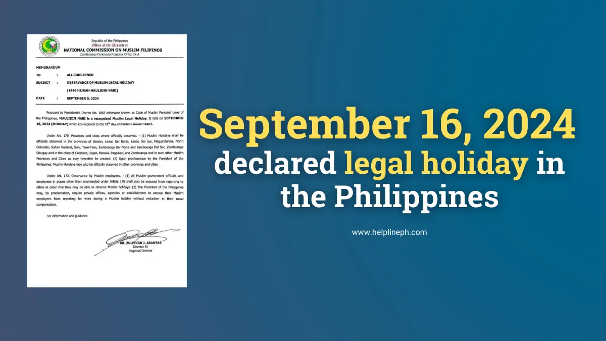 Memorandum announcing the Muslim legal holiday on September 16, 2024, for Mauludin Nabi, including the title of the article and URL helplineph.com