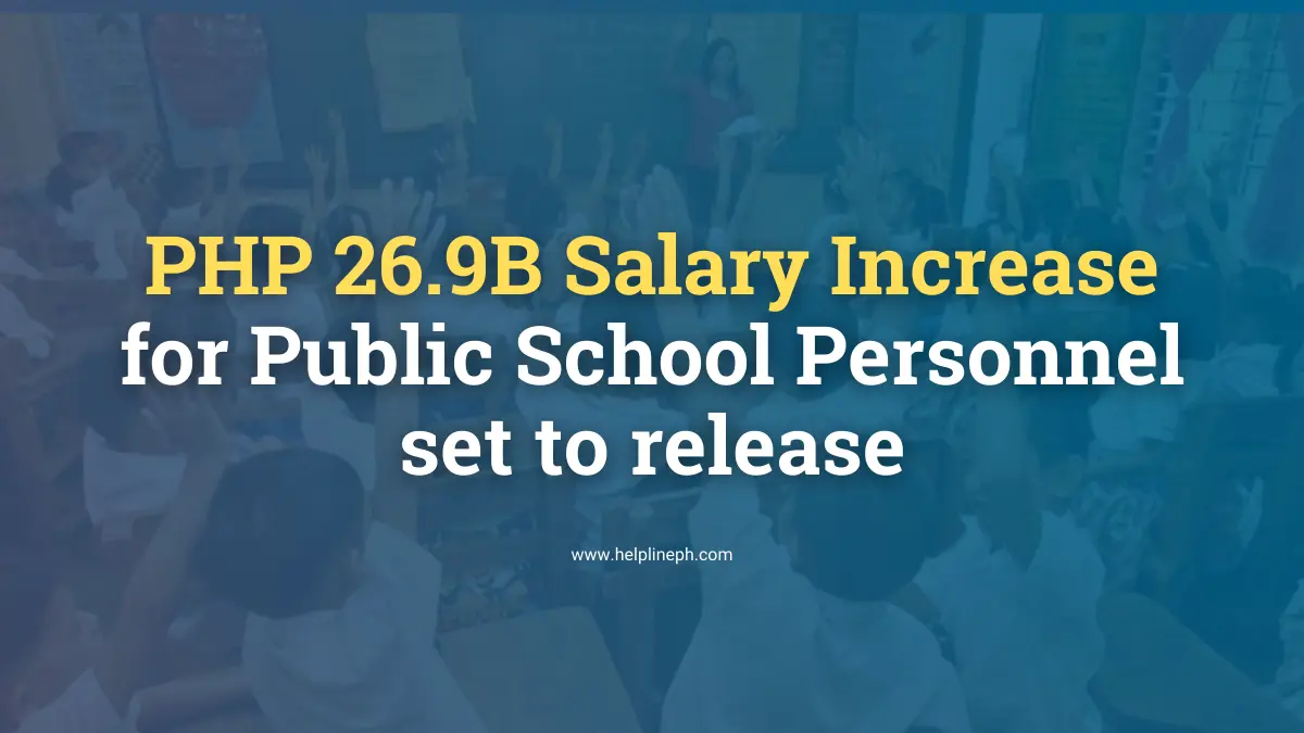 Teacher teaching in a classroom with PHP 26.9 billion salary increase announcement for 2024 at helplineph.com