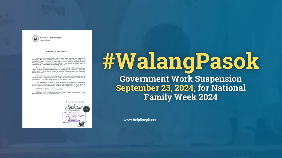 President signing a memorandum for the September 23, 2024, government work suspension in observance of National Family Week, helplineph.com