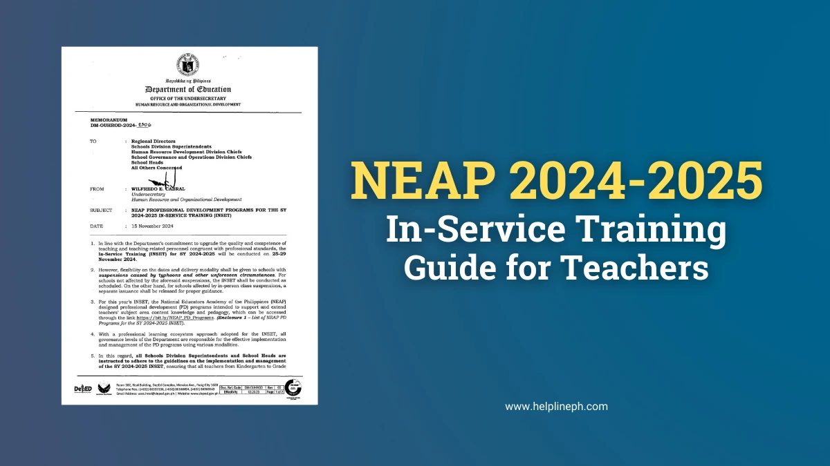 NEAP 2024-2025 In-Service Training (INSET) Memorandum - Learn about training dates, resources, and guidelines for teachers at helplineph.com.