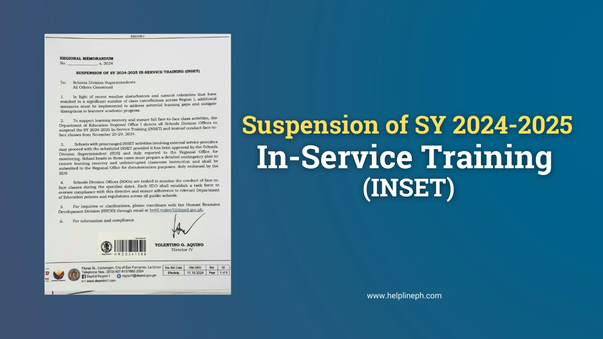 DepEd Region I memorandum on the suspension of SY 2024-2025 INSET, prioritizing face-to-face classes from November 25-29, 2024.