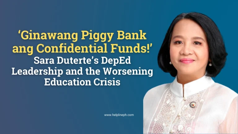 France Castro speaking about the education crisis under Sara Duterte’s leadership with the article title and helplineph.com URL displayed.