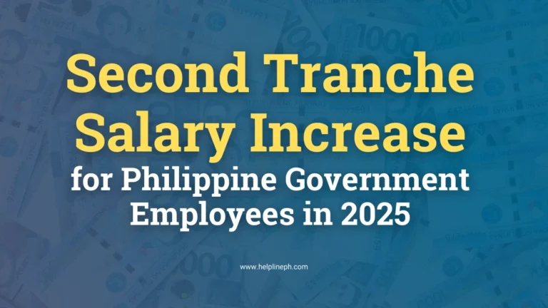 Philippine Peso bills background with the title 'Second Tranche Salary Increase 2025' and website URL helplineph.com