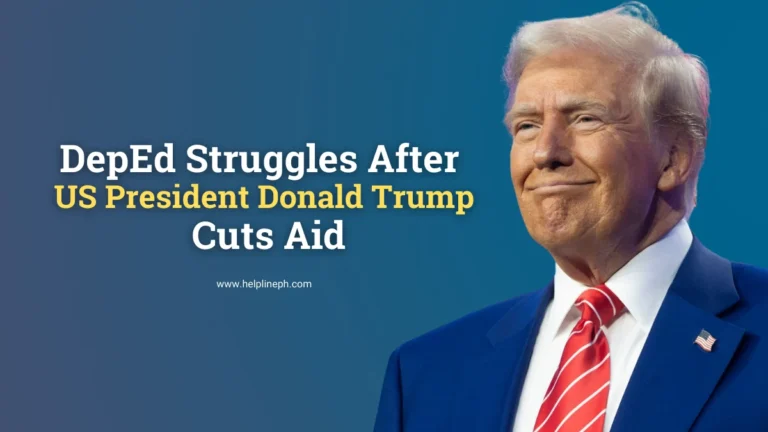 US President Donald Trump with the article title 'DepEd Struggles as US Cuts Aid' and the website URL helplineph.com.
