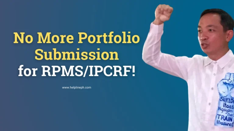 Antonio Tinio with the announcement "No More Portfolio Submission for RPMS" and website URL helplineph.com.