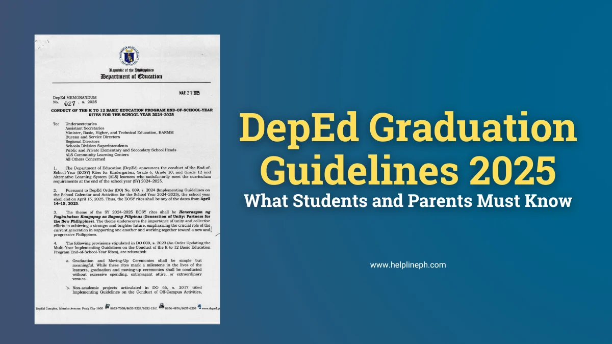 DepEd Memorandum 027 s. 2025 on graduation and moving-up rites with article title and helplineph.com URL
