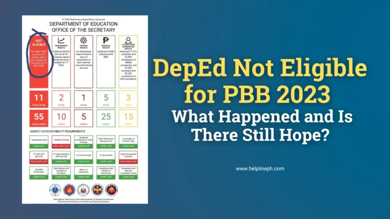 DepEd PBB 2023 scorecard showing that the Department of Education is not eligible for the Performance-Based Bonus with a total score of 55 points.