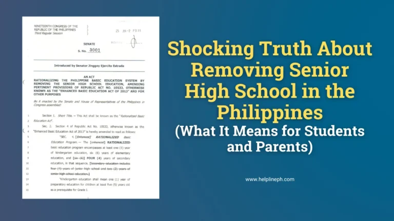 Official document proposing removal of senior high school in the Philippines under Rationalized Basic Education Act, shown with article title and helplineph.com URL