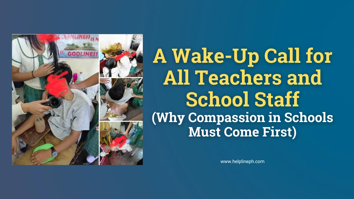 Student tired after school punishment with article title and helplineph.com URL