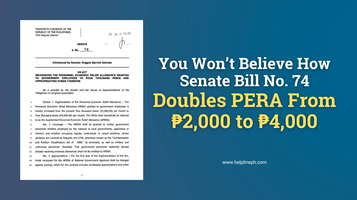 Featured image showing Senate Bill No. 74 text and article title “You Won’t Believe How Senate Bill No. 74 Doubles PERA From ₱2,000 to ₱4,000” with helplineph.com URL