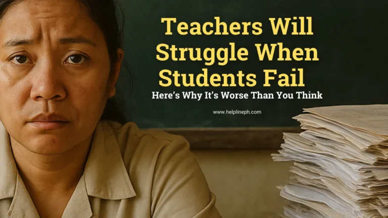 Sad Filipino public school teacher stressed over student failure, teachers will struggle when students fail