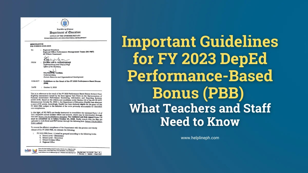 Official memorandum from the Department of Education (DepEd) detailing the FY 2023 Performance-Based Bonus (PBB) guidelines for public school teachers and staff.